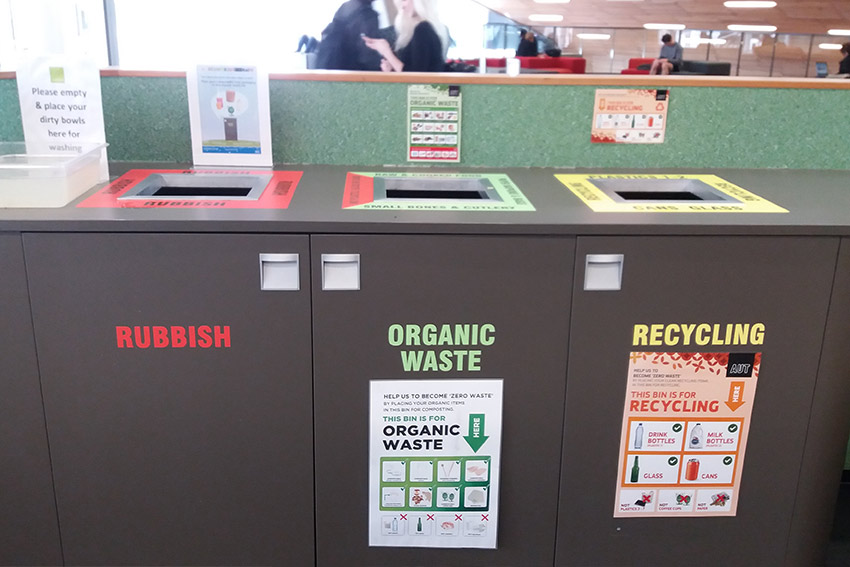 recycling stations at AUT's cafe